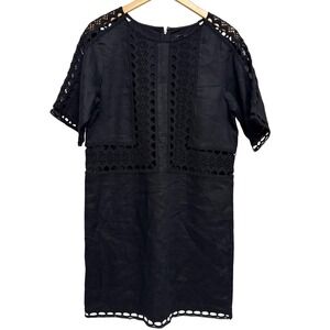 Ann Taylor Dress Medium Black Linen‎ Cotton Dress Crochet Eyelet Short Sleeve